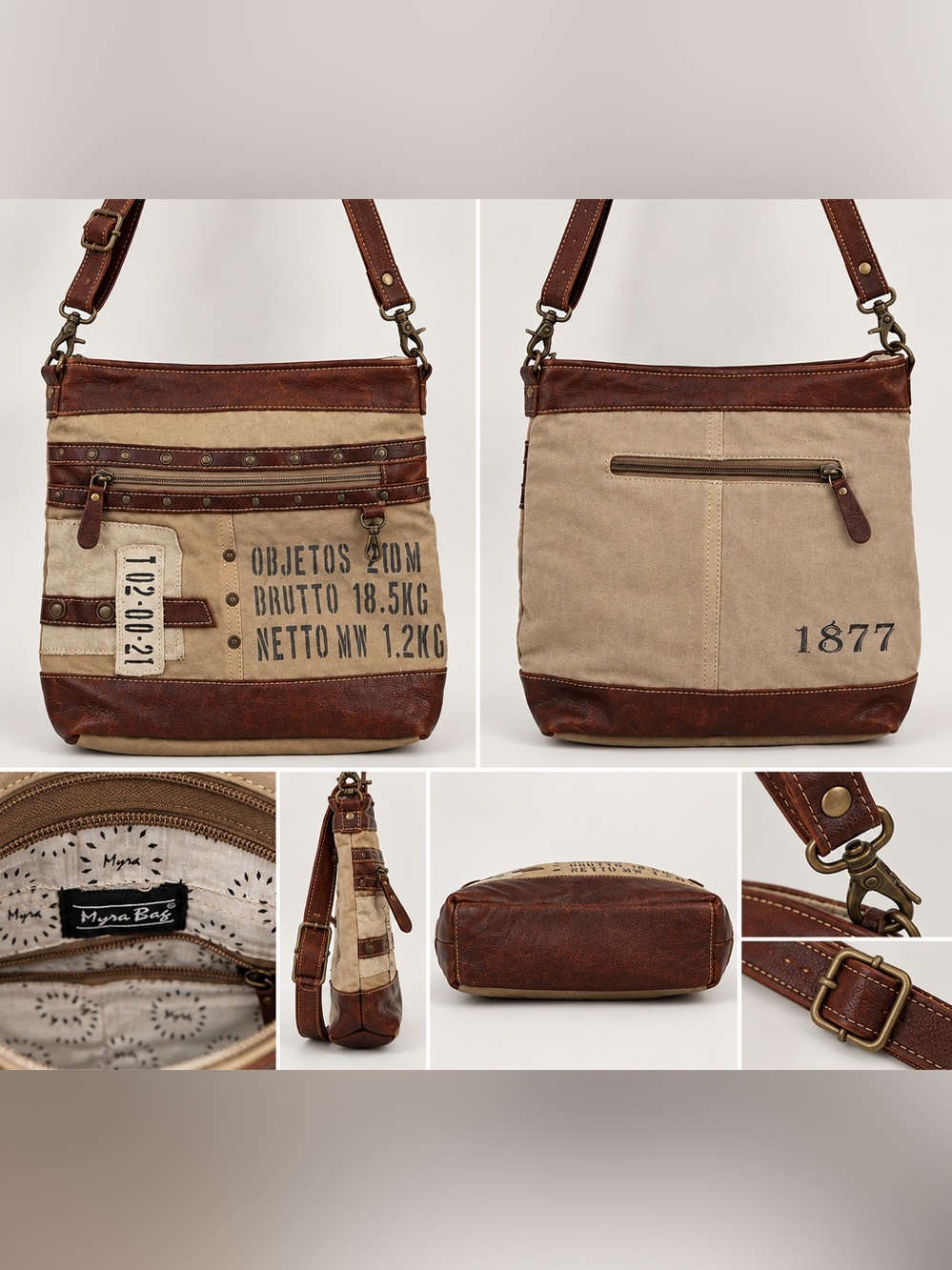 Myra Bag Beige and Brown Canvas Messenger with Leather Trim